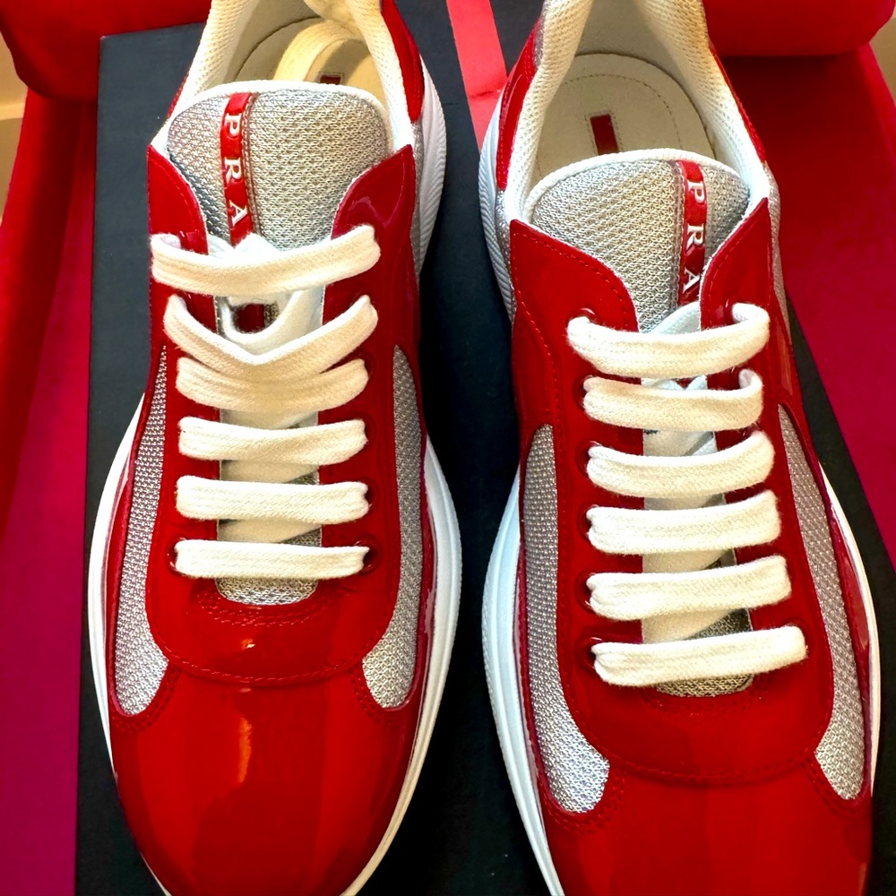 Prada Men's Red and White Sneakers